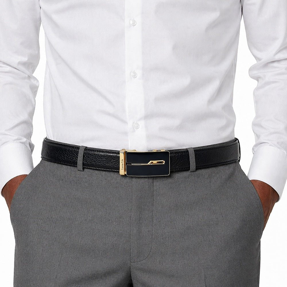Men's Leather Belt, Black, Automatic Buckle, Gold-Tone Finish, Ratchet Style
