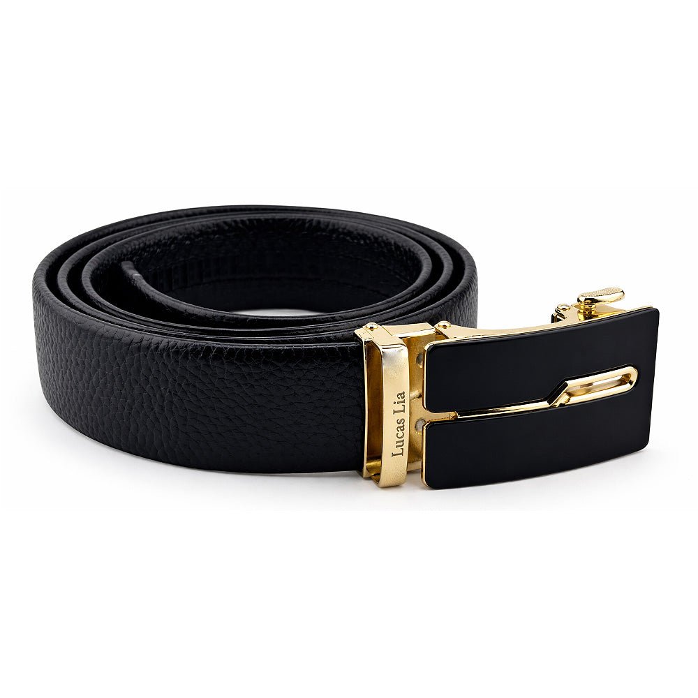 Men's Leather Belt, Black, Automatic Buckle, Gold-Tone Finish, Ratchet Style