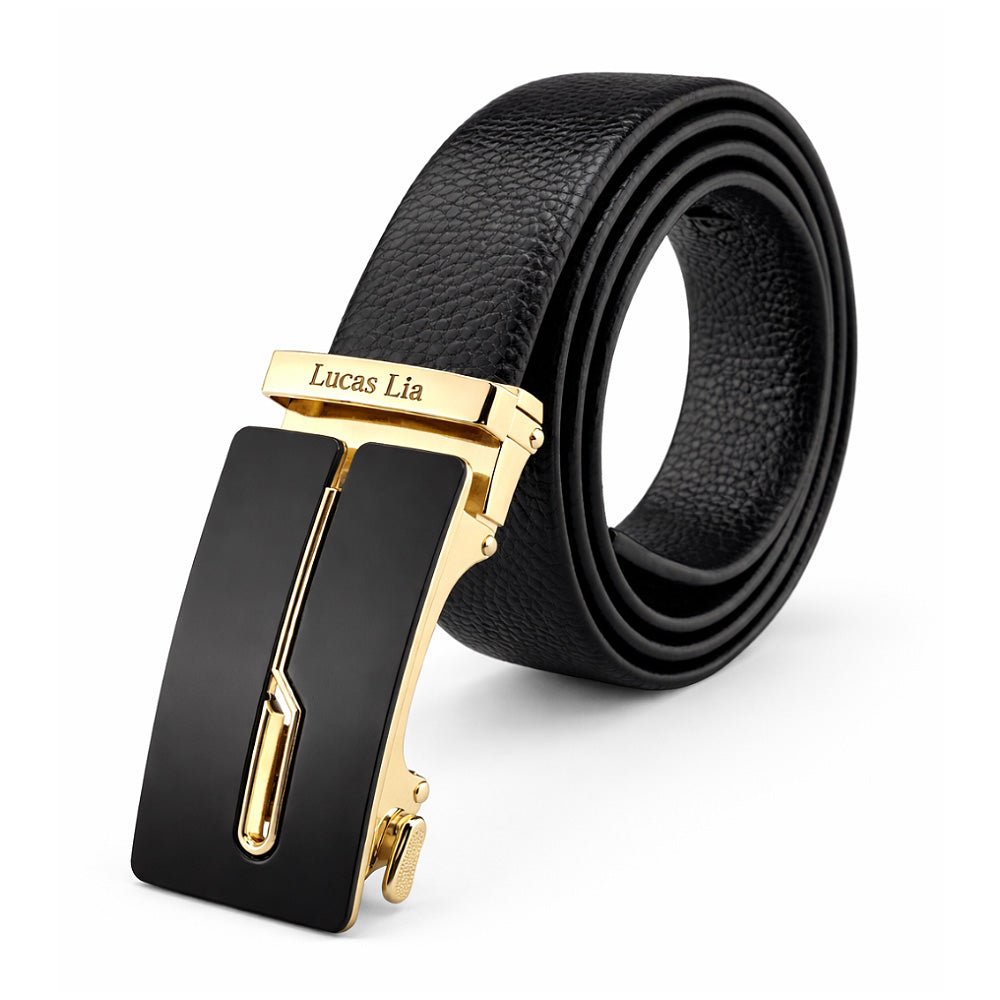 Men's Leather Belt, Black, Automatic Buckle, Gold - Tone Finish, Ratchet Style - Lucas Lia