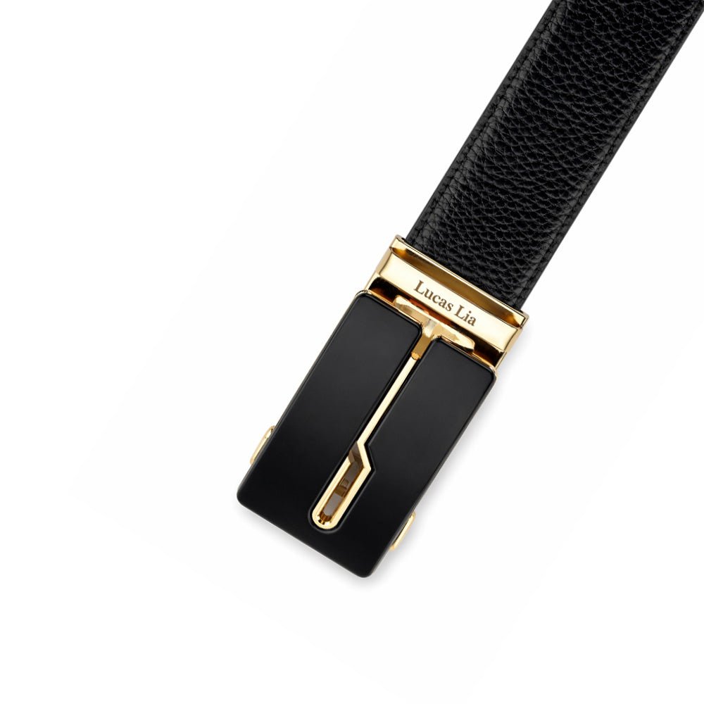 Men's Leather Belt, Black, Automatic Buckle, Gold-Tone Finish, Ratchet Style