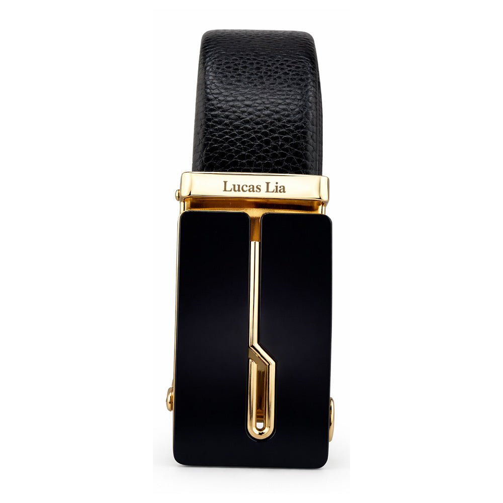 Men's Leather Belt, Black, Automatic Buckle, Gold-Tone Finish, Ratchet Style