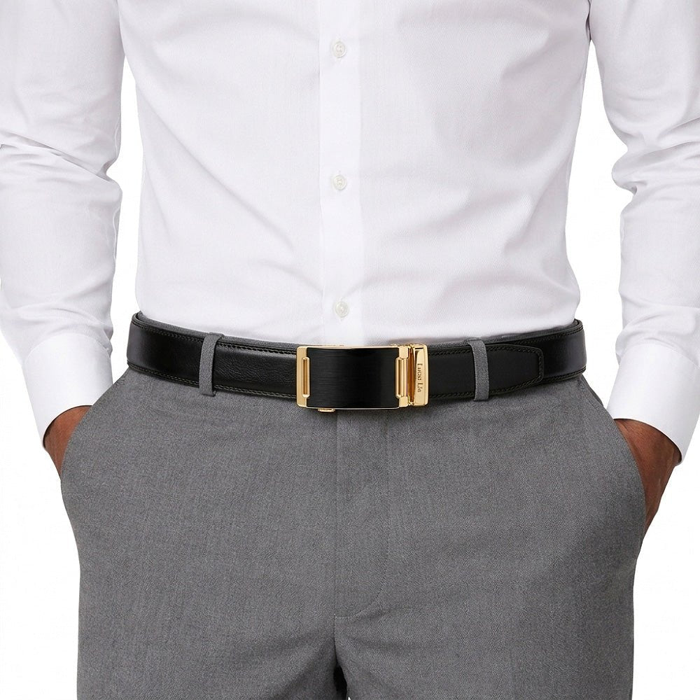 Men's Leather Belt, Black, Automatic Buckle, Ratchet Dress Belt, Gold-Tone Buckle