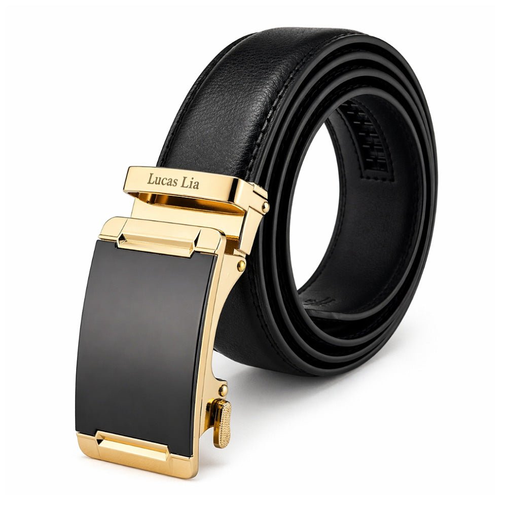 Men's Leather Belt, Black, Automatic Buckle, Ratchet Dress Belt, Gold - Tone Buckle - Lucas Lia