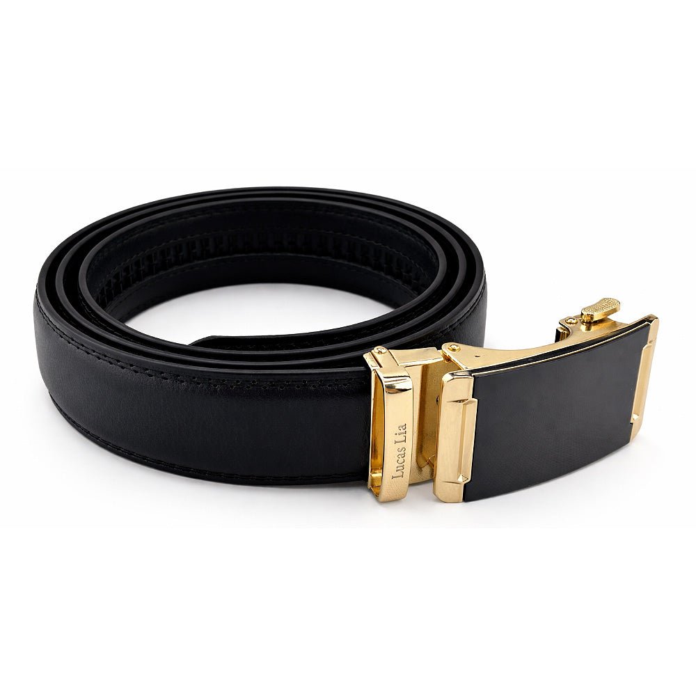 Men's Leather Belt, Black, Automatic Buckle, Ratchet Dress Belt, Gold-Tone Buckle