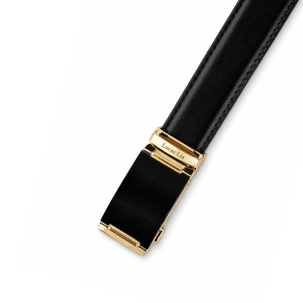 Men's Leather Belt, Black, Automatic Buckle, Ratchet Dress Belt, Gold-Tone Buckle