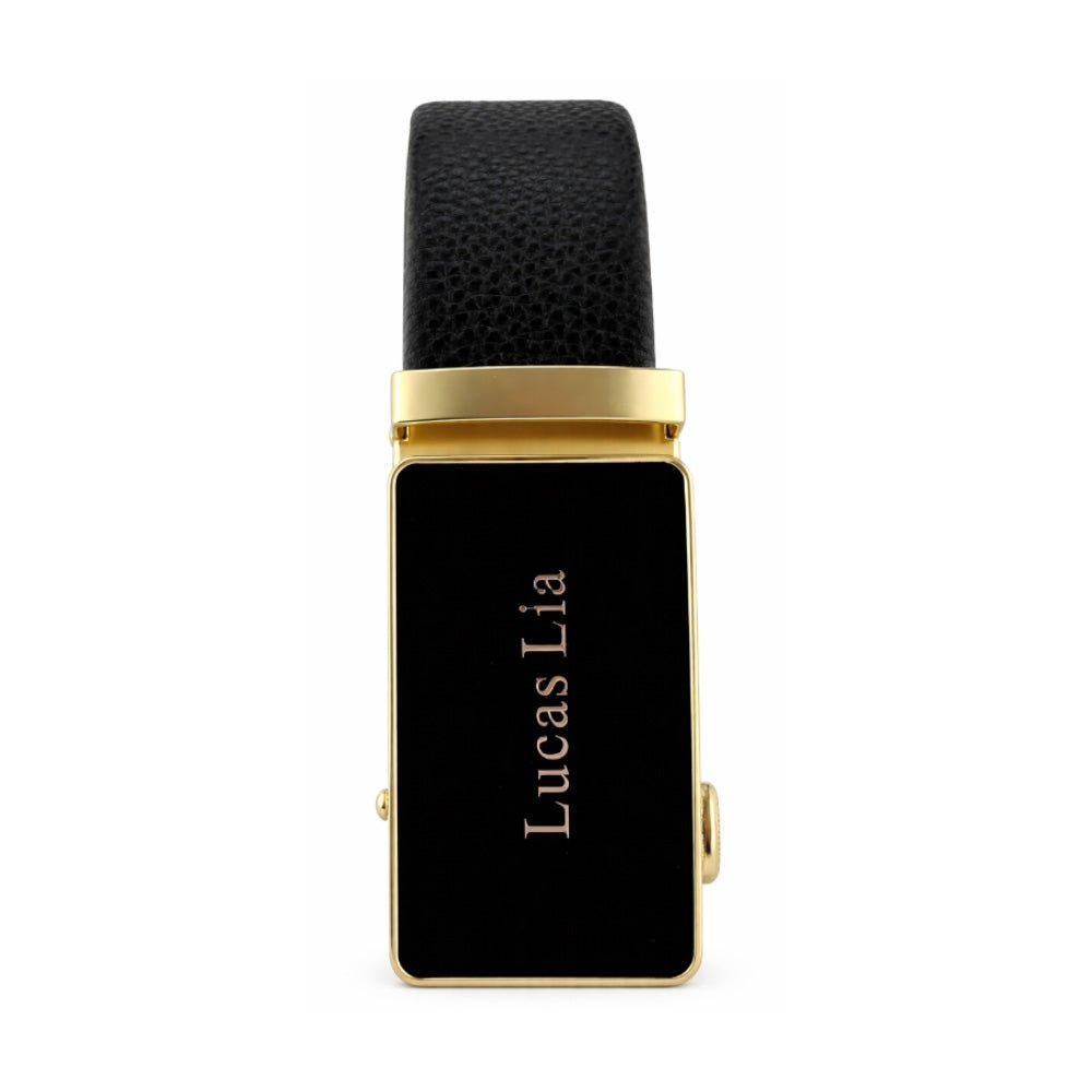 Men's Leather Belt, Black, Automatic Gold Buckle, Ratchet Dress Belt