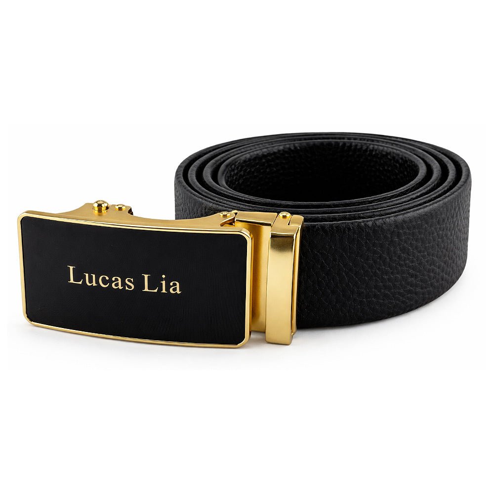Men's Leather Belt, Black, Automatic Gold Buckle, Ratchet Dress Belt