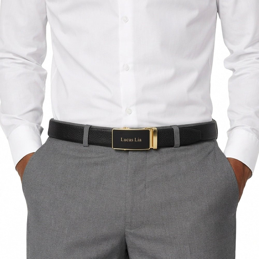 Men's Leather Belt, Black, Automatic Gold Buckle, Ratchet Dress Belt