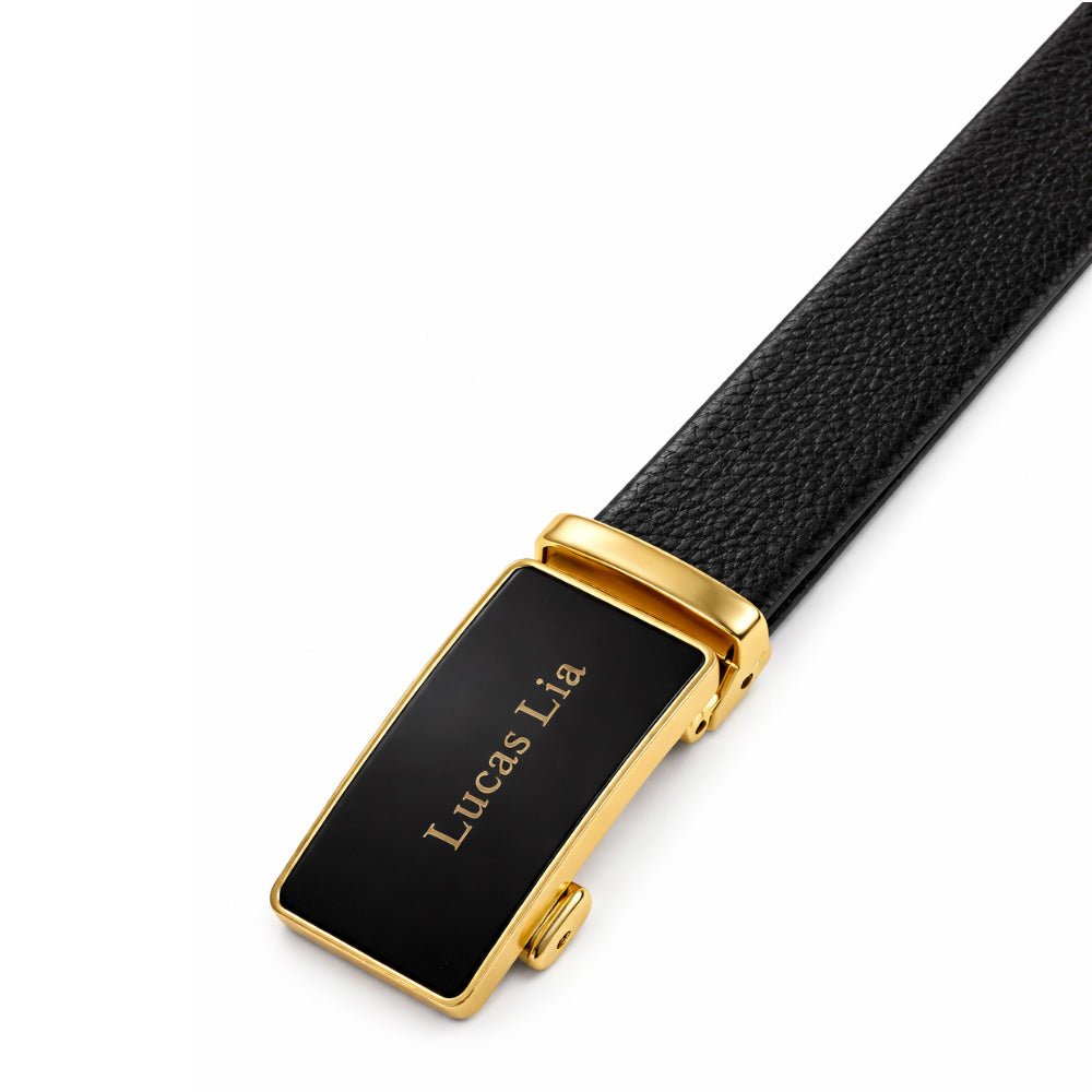 Men's Leather Belt, Black, Automatic Gold Buckle, Ratchet Dress Belt