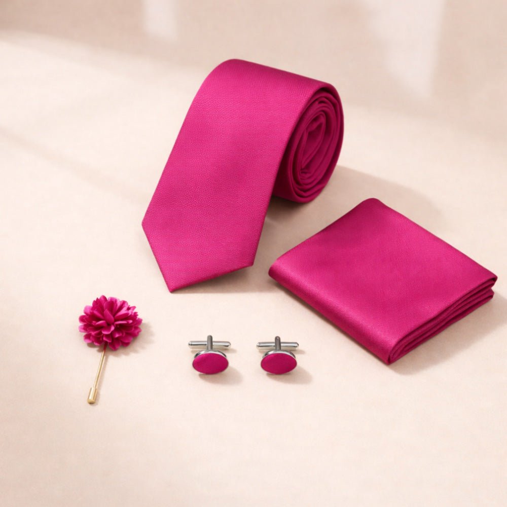 Men's Magenta Tie Set with Pocket Square, Cufflinks, and Lapel Pin, Formal Gift Box - Lucas Lia