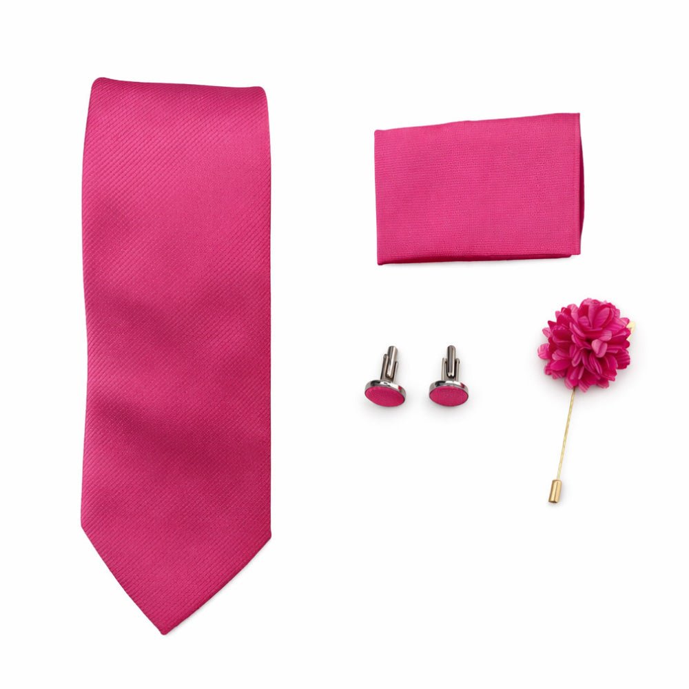 Men's Magenta Tie Set with Pocket Square, Cufflinks, and Lapel Pin, Formal Gift Box