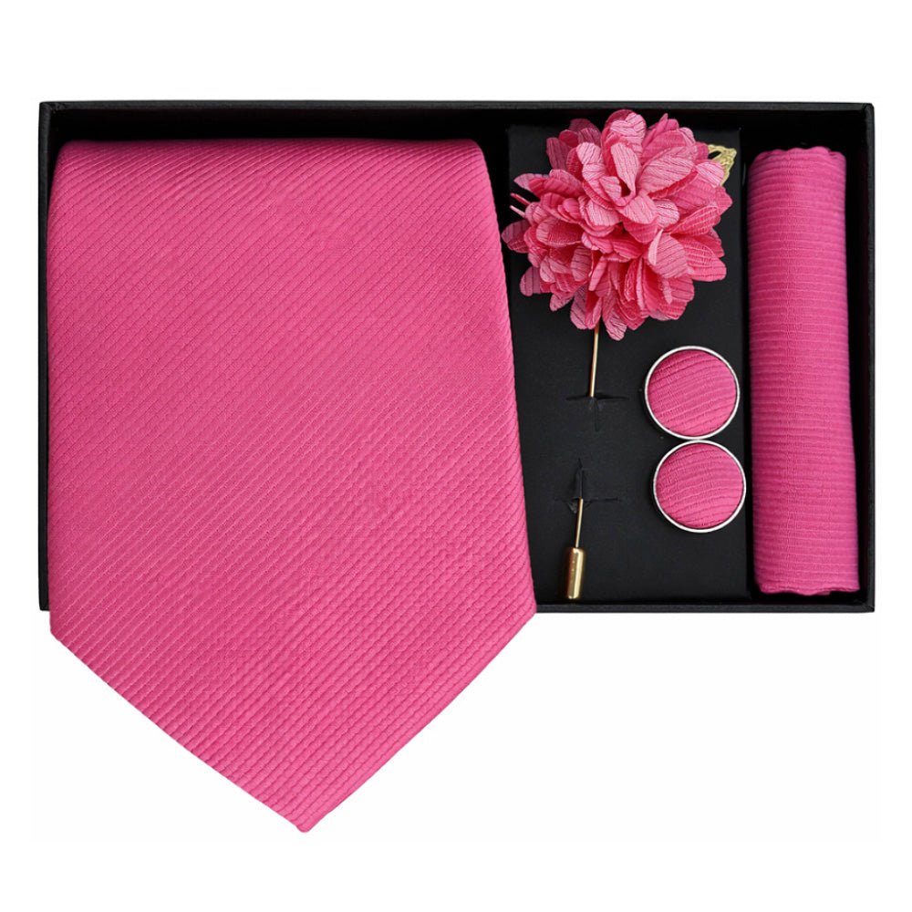 Men's Magenta Tie Set with Pocket Square, Cufflinks, and Lapel Pin, Formal Gift Box