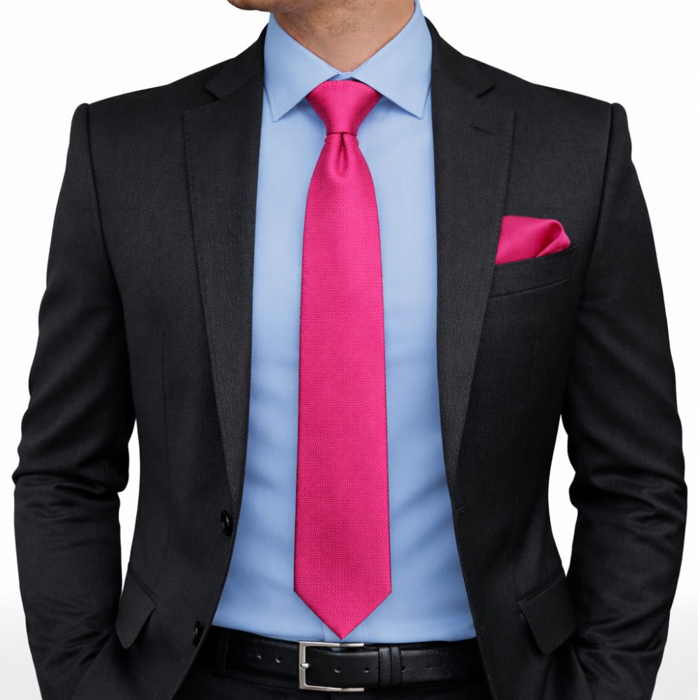 Men's Magenta Tie Set with Pocket Square, Cufflinks, and Lapel Pin, Formal Gift Box