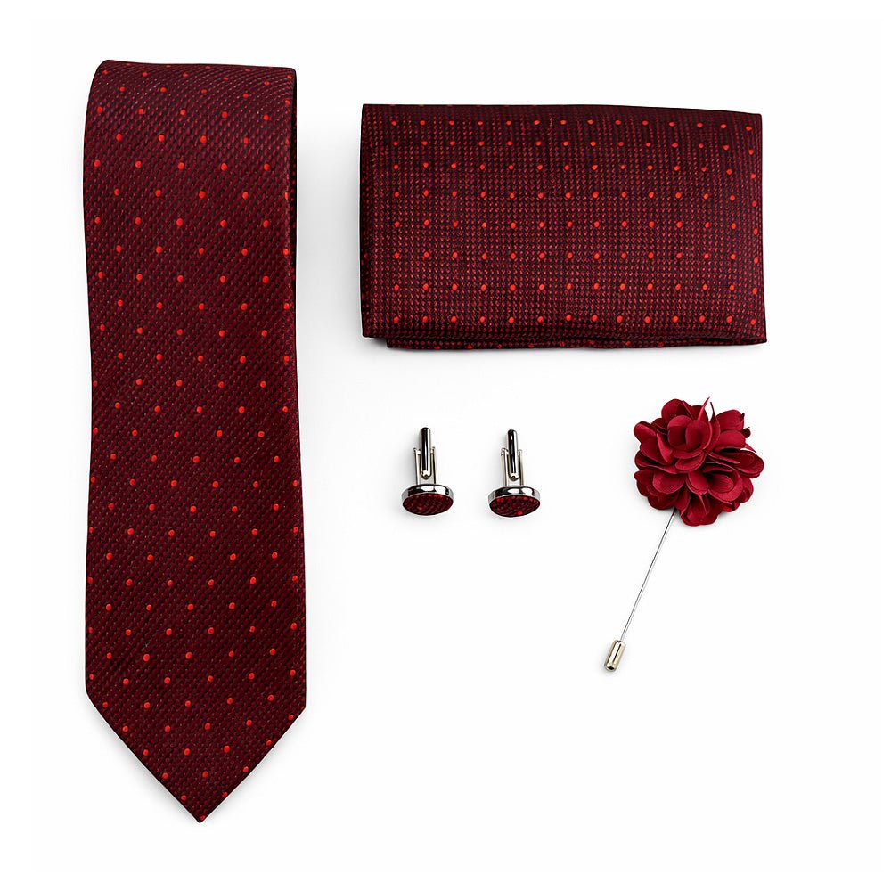 Men's Marron Polka Dot Tie Set with Pocket Square, Cufflinks, and Lapel Pin