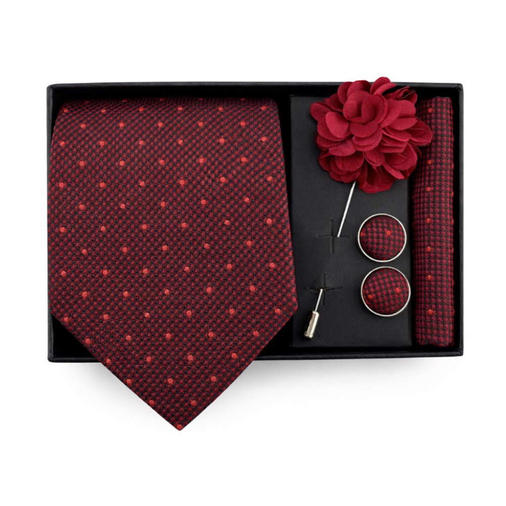 Men's Marron Polka Dot Tie Set with Pocket Square, Cufflinks, and Lapel Pin