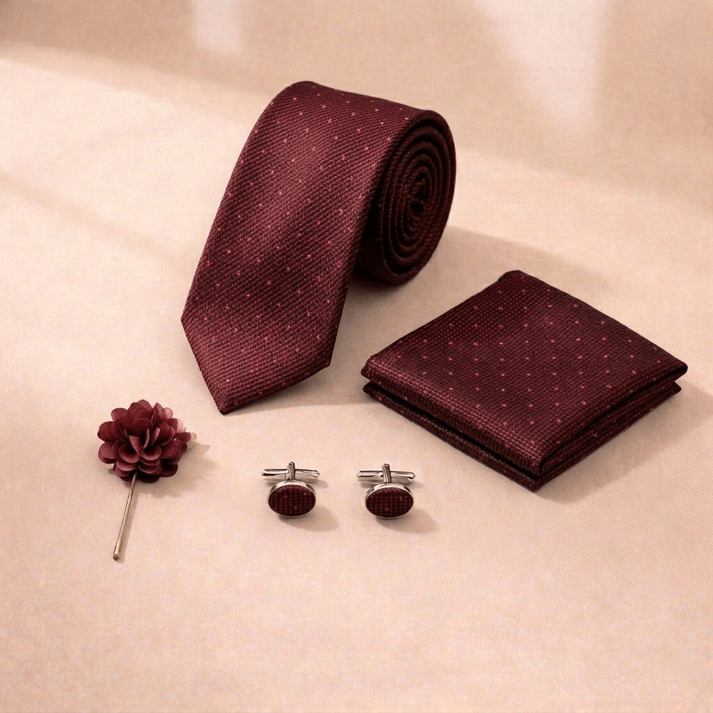 Men's Marron Polka Dot Tie Set with Pocket Square, Cufflinks, and Lapel Pin - Lucas Lia