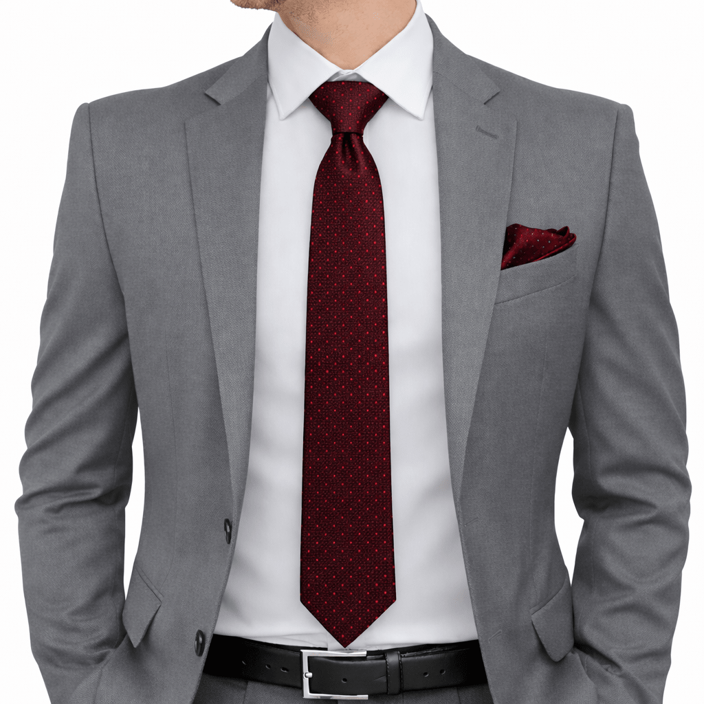 Men's Marron Polka Dot Tie Set with Pocket Square, Cufflinks, and Lapel Pin