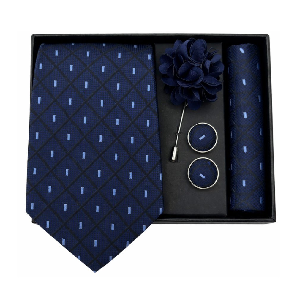 Men's Navy Blue Checkered Tie, Pocket Square, Cufflinks and Brooch Gift Set