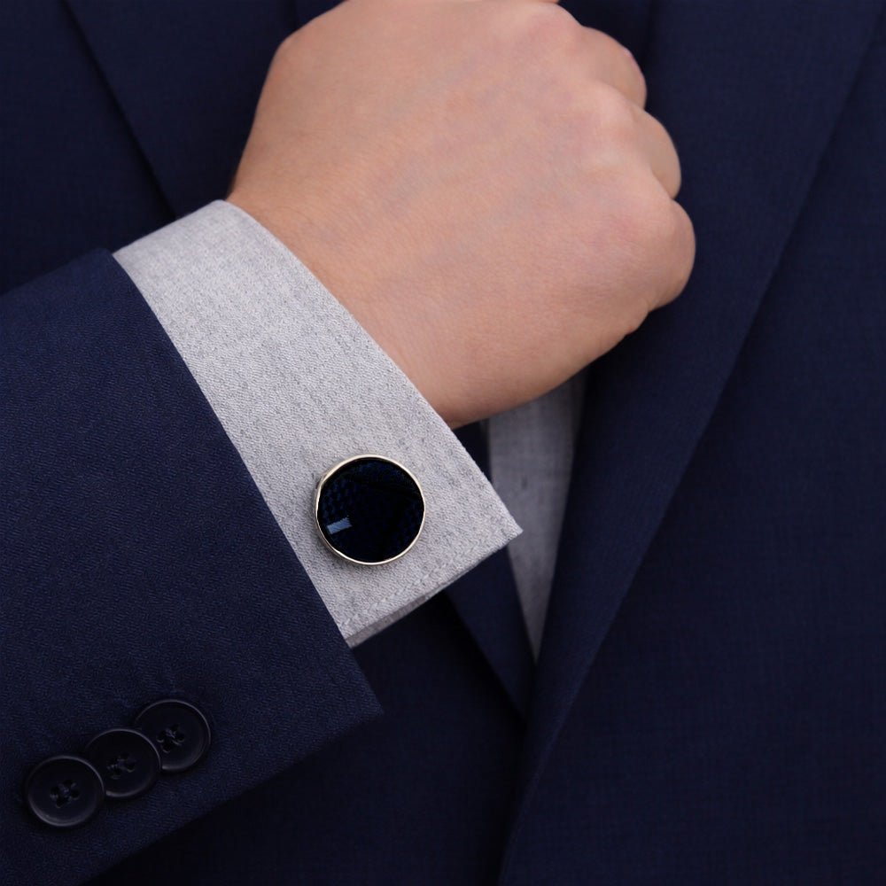 Men's Navy Blue Checkered Tie, Pocket Square, Cufflinks and Brooch Gift Set
