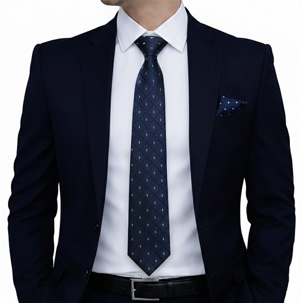 Men's Navy Blue Checkered Tie, Pocket Square, Cufflinks and Brooch Gift Set