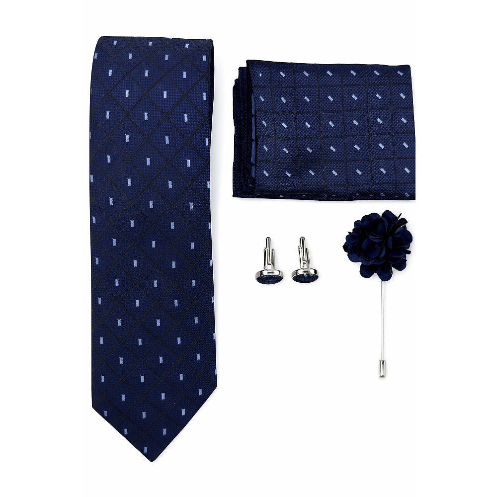 Men's Navy Blue Checkered Tie, Pocket Square, Cufflinks and Brooch Gift Set