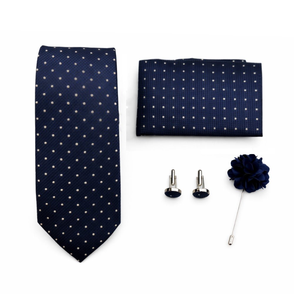Men's Navy Blue Polka Dot Tie Set with Pocket Square, Cufflinks, and Lapel Pin