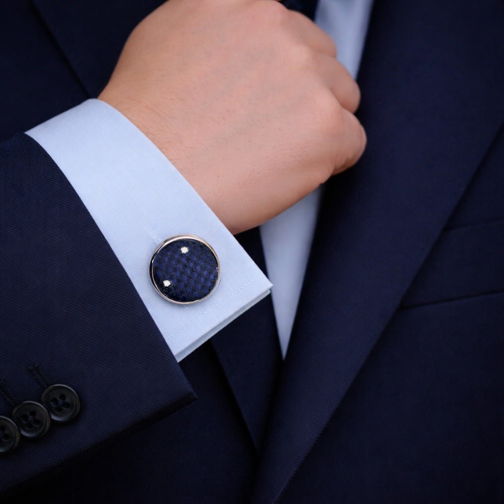 Men's Navy Blue Polka Dot Tie Set with Pocket Square, Cufflinks, and Lapel Pin