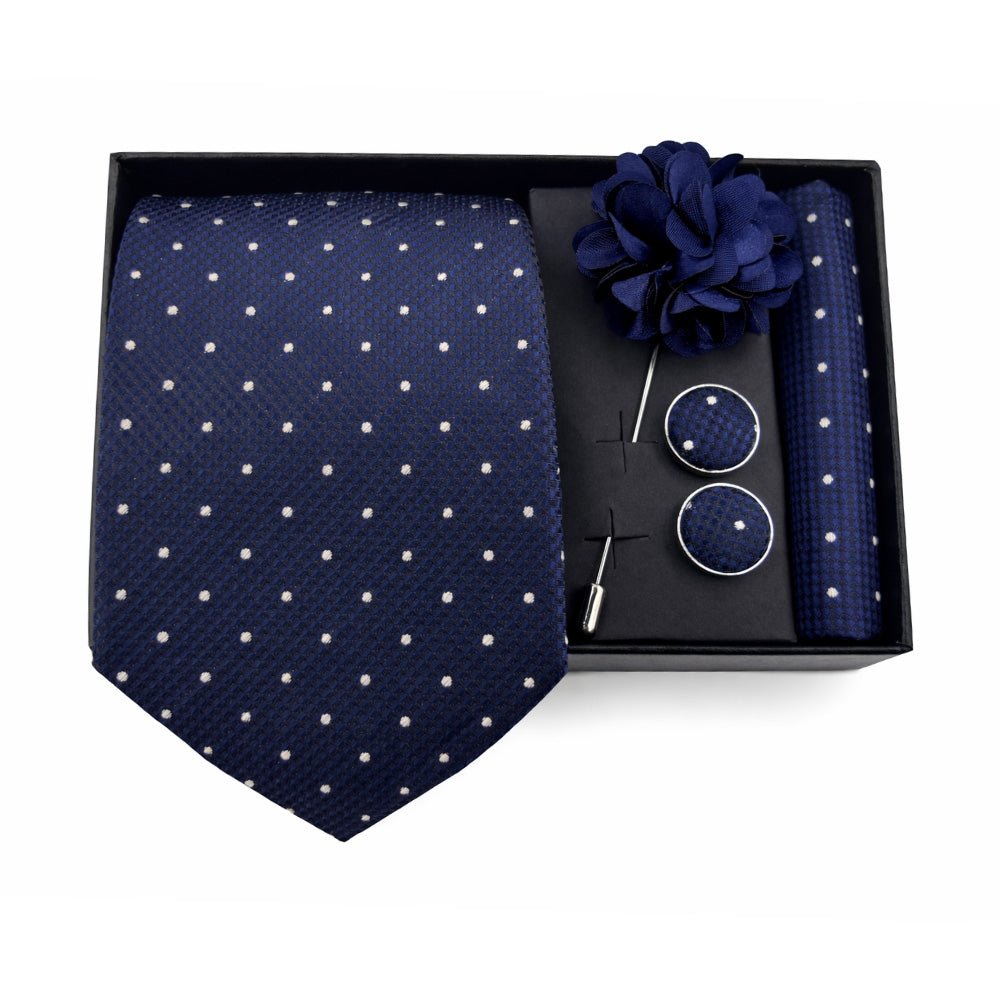 Men's Navy Blue Polka Dot Tie Set with Pocket Square, Cufflinks, and Lapel Pin