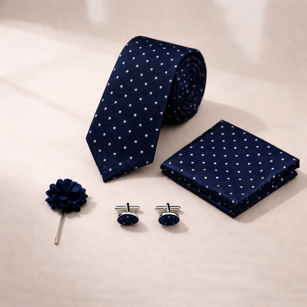 Men's Navy Blue Polka Dot Tie Set with Pocket Square, Cufflinks, and Lapel Pin - Lucas Lia