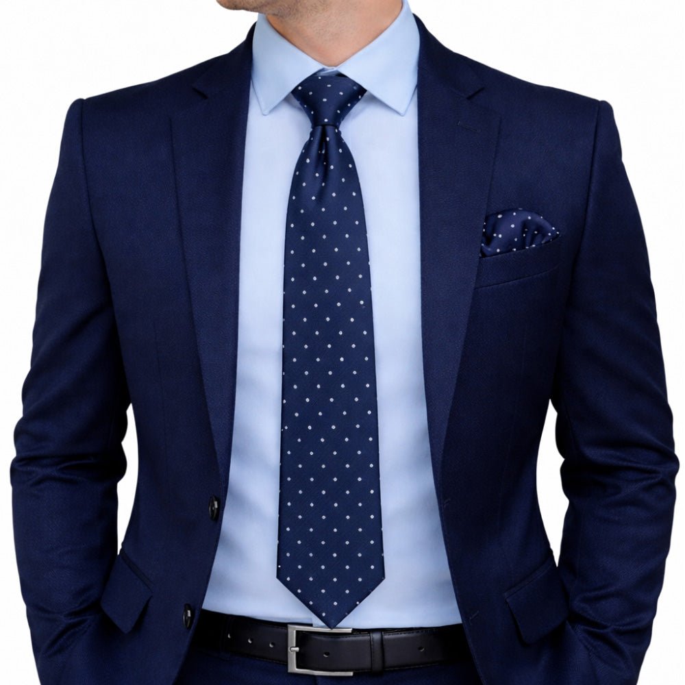 Men's Navy Blue Polka Dot Tie Set with Pocket Square, Cufflinks, and Lapel Pin
