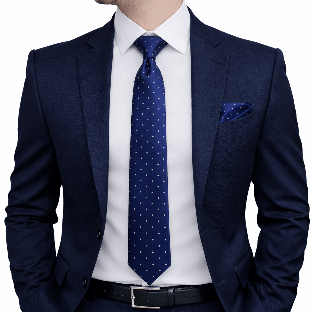 Men's Navy Blue Polka Dot Tie Set with Pocket Square, Cufflinks, and Lapel Pin, Gift Box Included