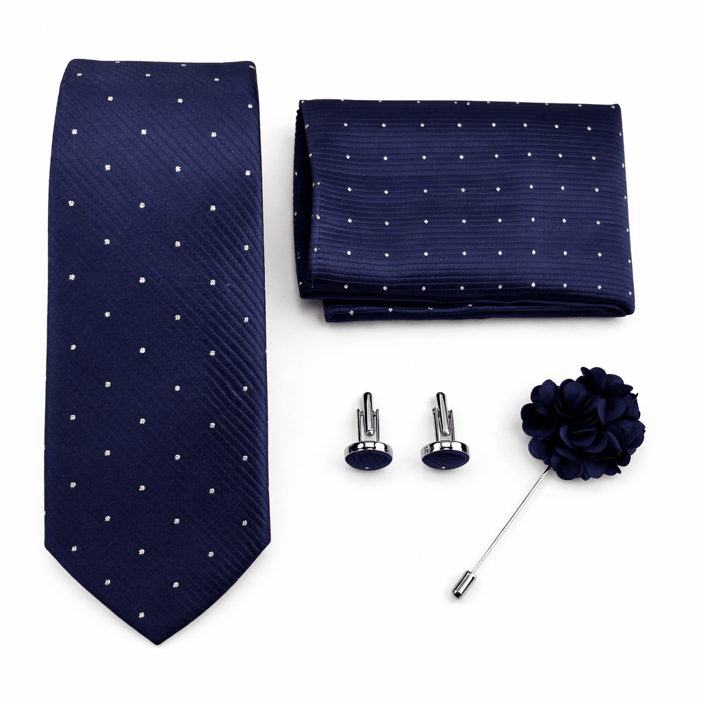 Men's Navy Blue Polka Dot Tie Set with Pocket Square, Cufflinks, and Lapel Pin, Gift Box Included