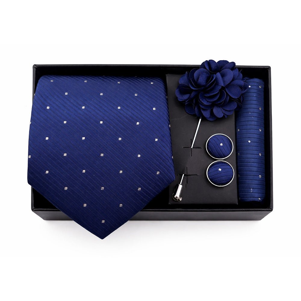 Men's Navy Blue Polka Dot Tie Set with Pocket Square, Cufflinks, and Lapel Pin, Gift Box Included