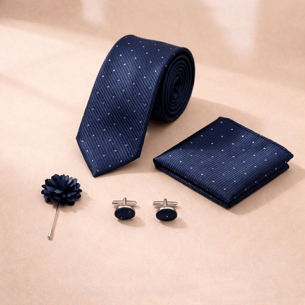 Men's Navy Blue Polka Dot Tie Set with Pocket Square, Cufflinks, and Lapel Pin, Gift Box Included - Lucas Lia