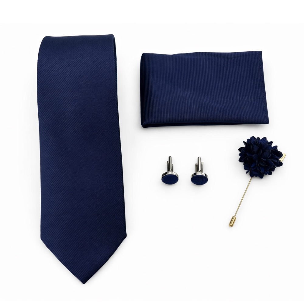 Men's Navy Blue Tie Set with Pocket Square, Cufflinks, and Lapel Pin, Formal Gift Box