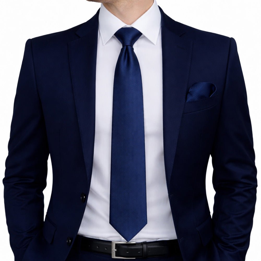 Men's Navy Blue Tie Set with Pocket Square, Cufflinks, and Lapel Pin, Formal Gift Box