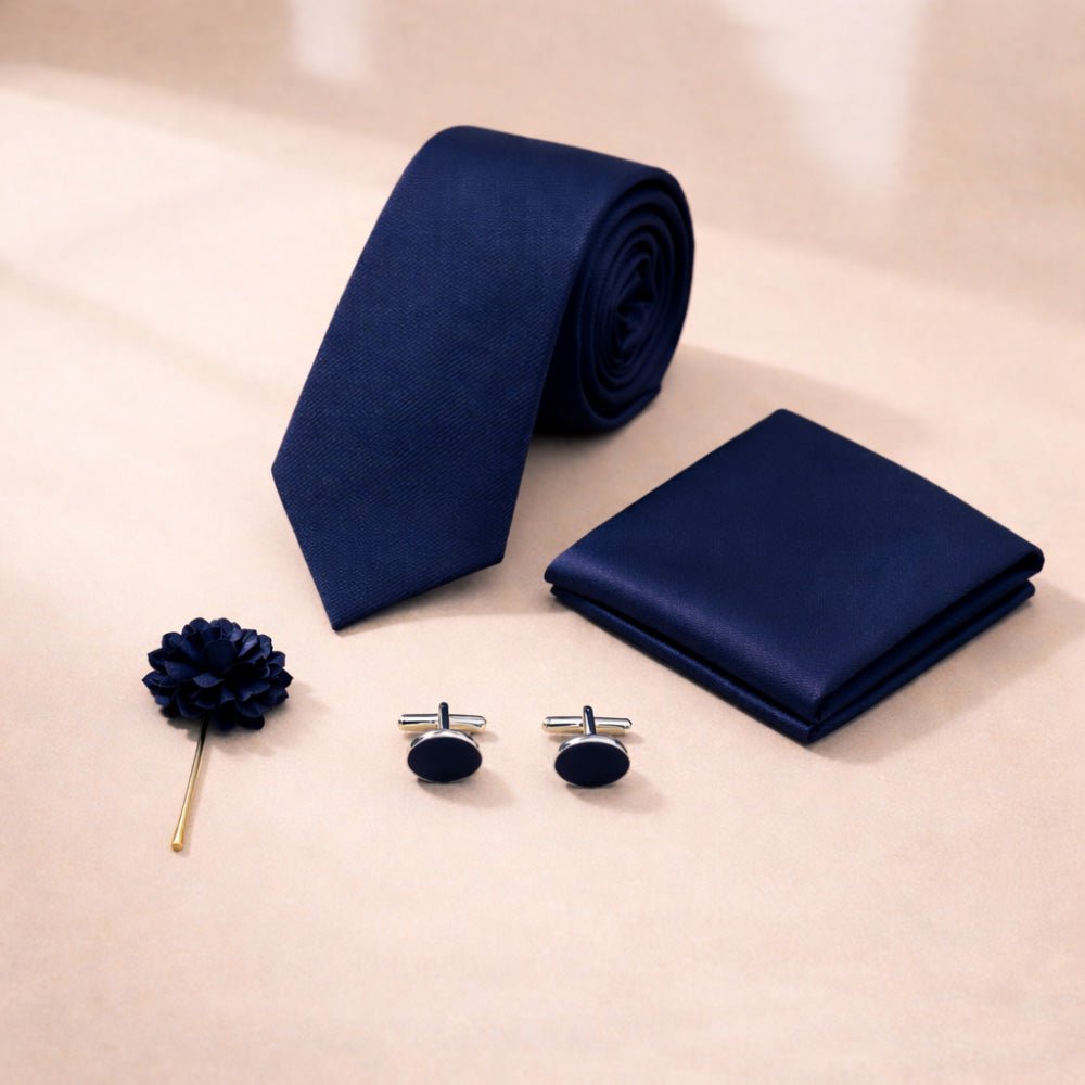 Men's Navy Blue Tie Set with Pocket Square, Cufflinks, and Lapel Pin, Formal Gift Box - Lucas Lia