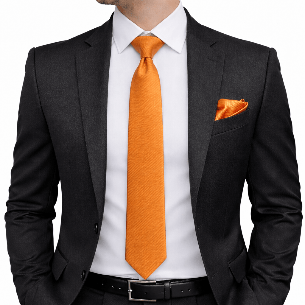 Men's Orange Tie Set with Pocket Square, Cufflinks, and Lapel Pin, Formal Gift Box