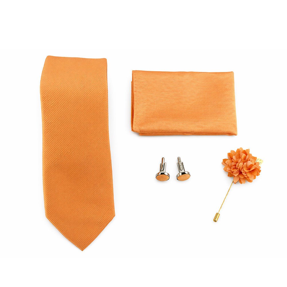 Men's Orange Tie Set with Pocket Square, Cufflinks, and Lapel Pin, Formal Gift Box