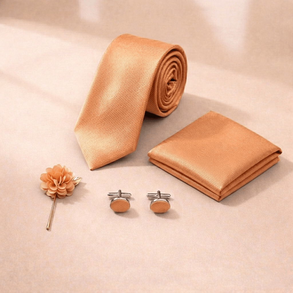 Men's Orange Tie Set with Pocket Square, Cufflinks, and Lapel Pin, Formal Gift Box - Lucas Lia
