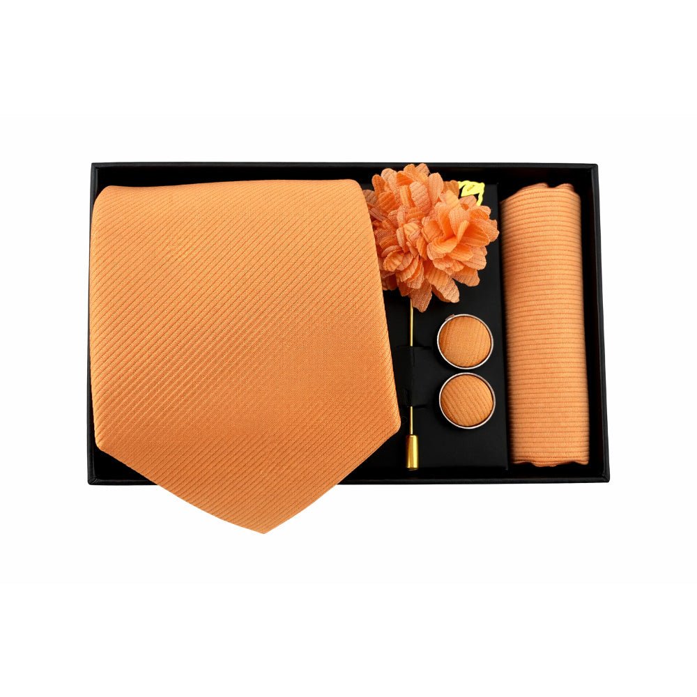 Men's Orange Tie Set with Pocket Square, Cufflinks, and Lapel Pin, Formal Gift Box
