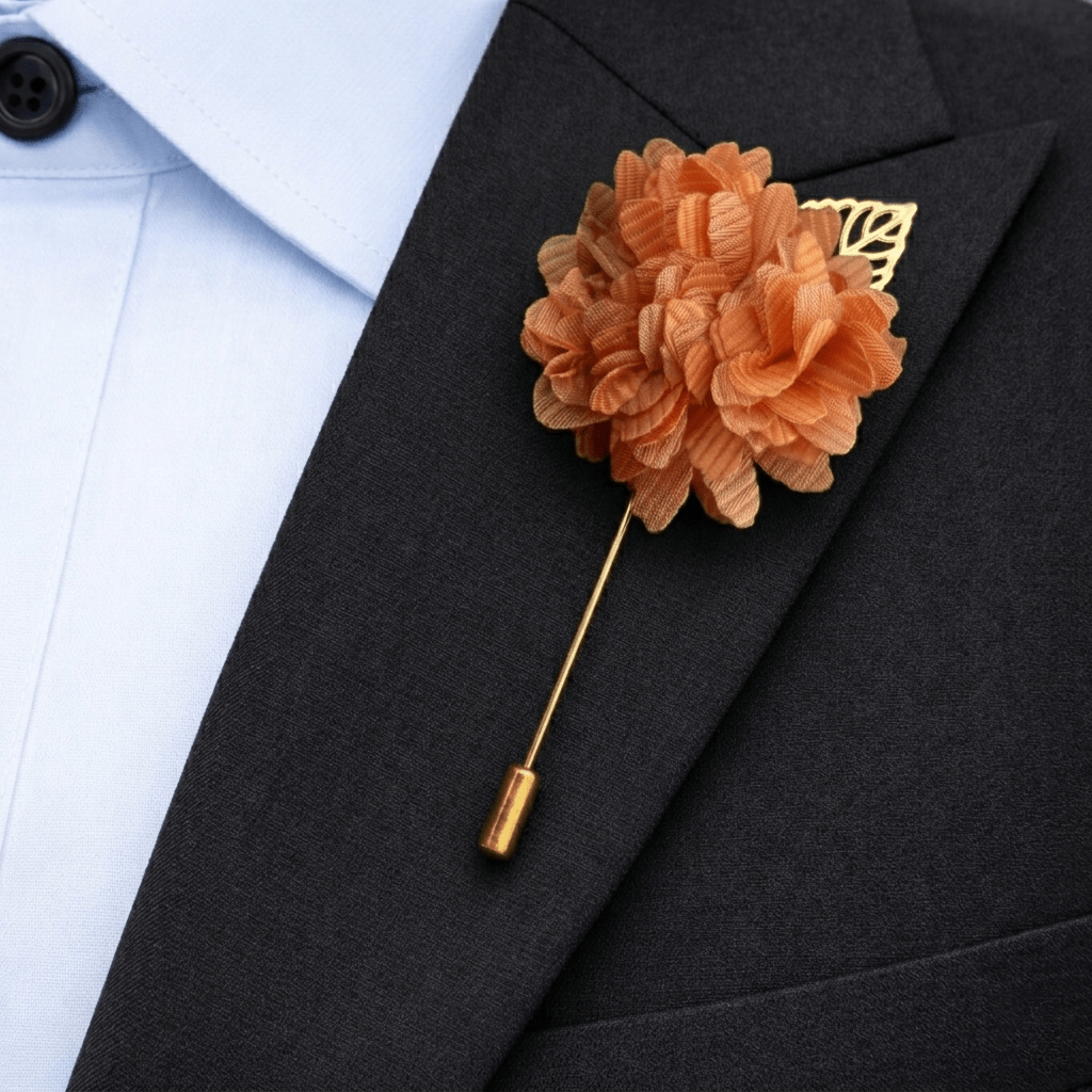 Men's Orange Tie Set with Pocket Square, Cufflinks, and Lapel Pin, Formal Gift Box