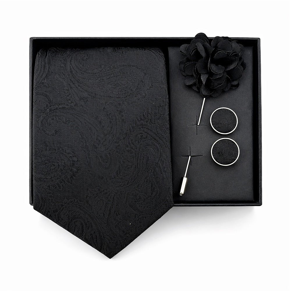 Men's Paisley Tie Set, Black, Necktie with Pocket Square, Cufflinks and Lapel Pin, Gift Box