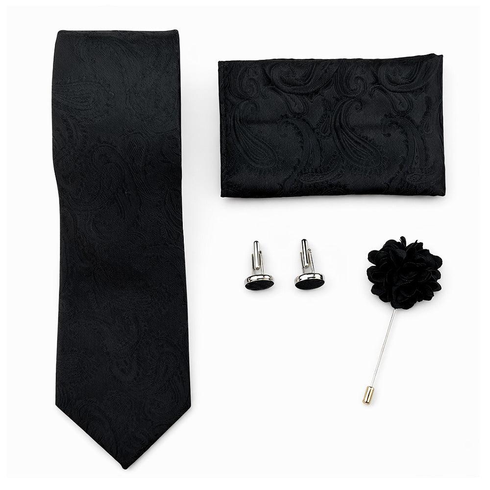Men's Paisley Tie Set, Black, Necktie with Pocket Square, Cufflinks and Lapel Pin, Gift Box