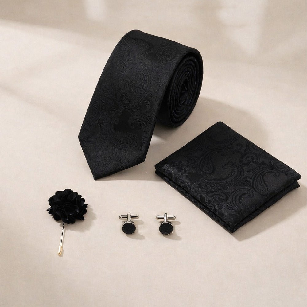 Men's Paisley Tie Set, Black, Necktie with Pocket Square, Cufflinks and Lapel Pin, Gift Box - Lucas Lia