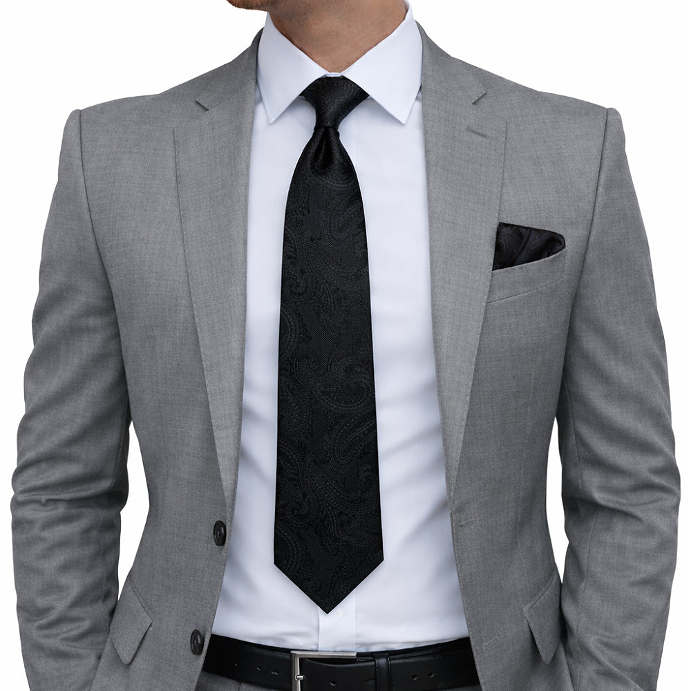 Men's Paisley Tie Set, Black, Necktie with Pocket Square, Cufflinks and Lapel Pin, Gift Box