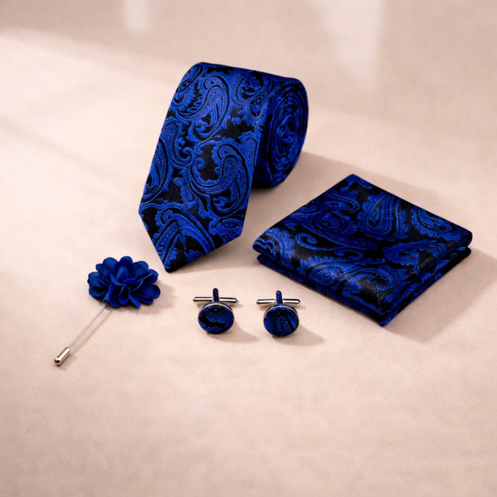 Men's Paisley Tie Set, Blue, Necktie with Pocket Square, Cufflinks and Lapel Pin, Gift Box - Lucas Lia