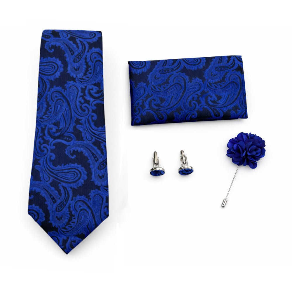 Men's Paisley Tie Set, Blue, Necktie with Pocket Square, Cufflinks and Lapel Pin, Gift Box