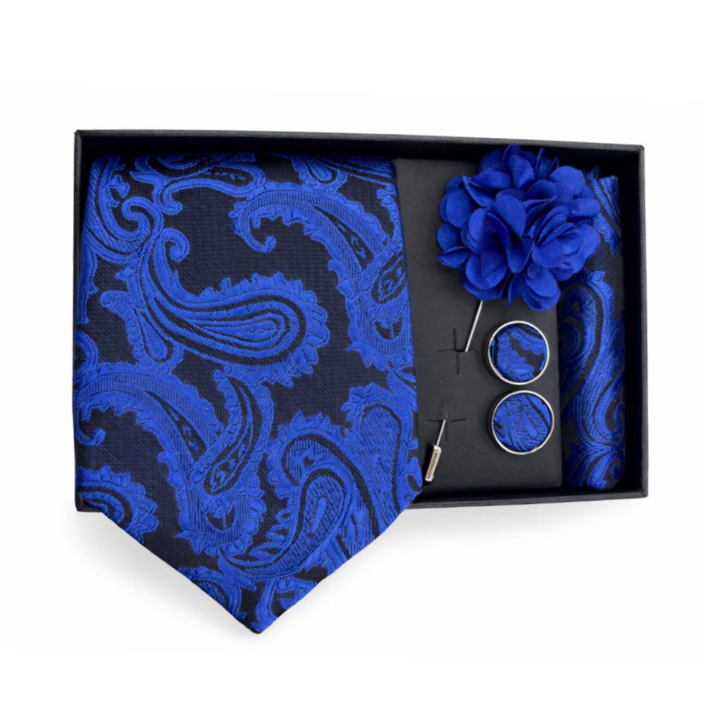 Men's Paisley Tie Set, Blue, Necktie with Pocket Square, Cufflinks and Lapel Pin, Gift Box