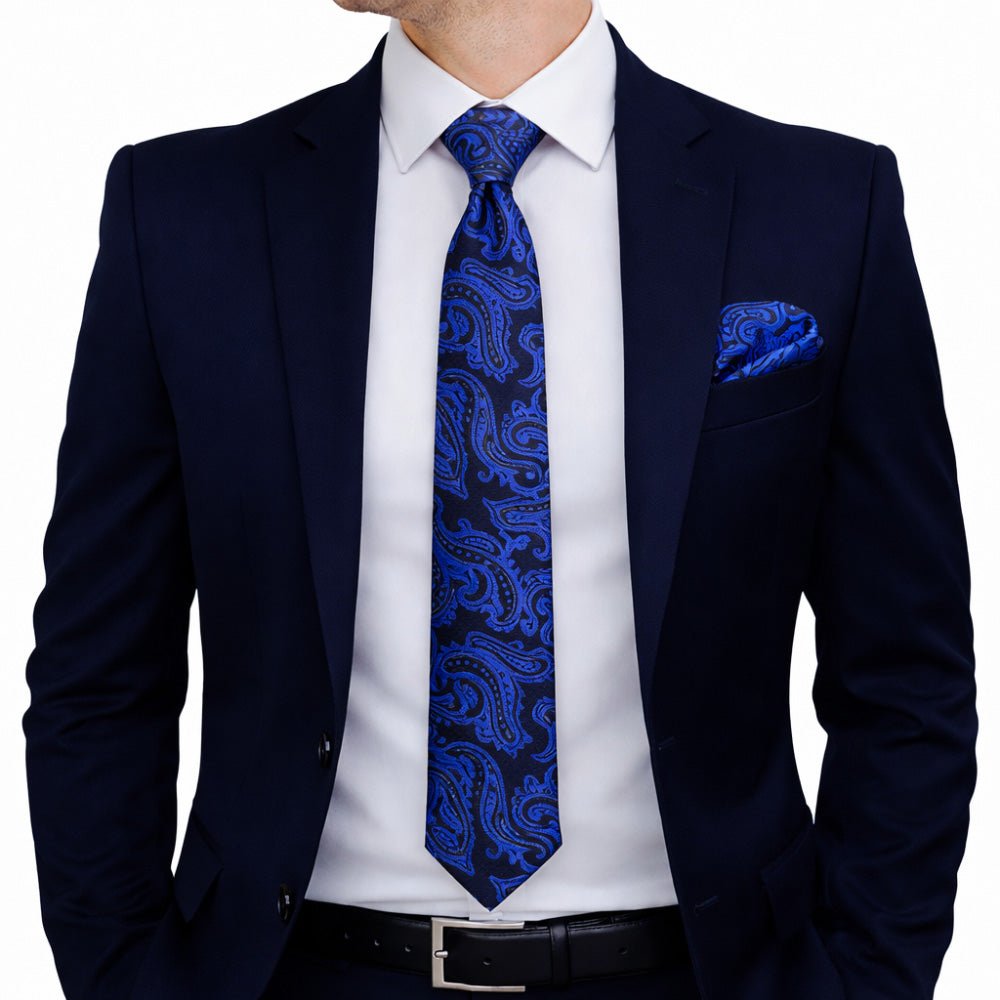 Men's Paisley Tie Set, Blue, Necktie with Pocket Square, Cufflinks and Lapel Pin, Gift Box